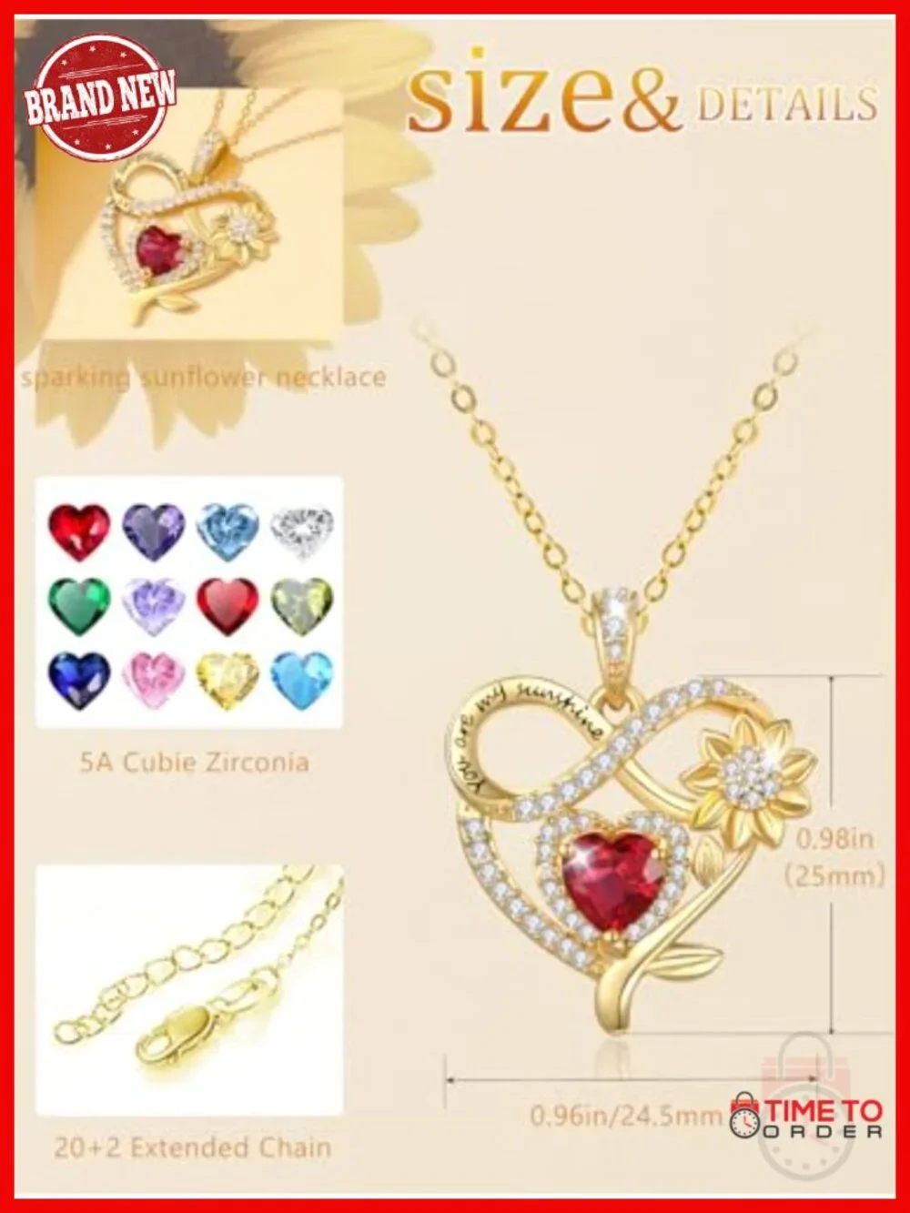 14K Gold Plated Sunflower Heart Birthstone Pendant Necklace
